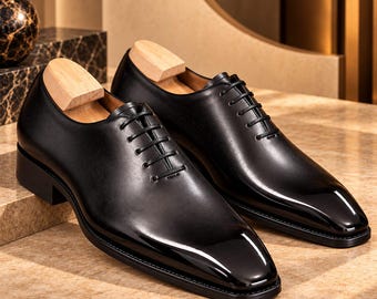 Scarpe Oxford in pelle nera fatte a mano, scarpe eleganti formali lucide, regalo per lui
