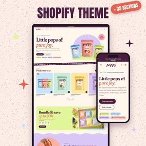 May include: A Shopify theme website layout displayed on a desktop monitor and a smartphone screen. The interface features the Poppy brand, showcasing colourful popcorn snack bags, product bundles, and promotional text like Little pops of pure joy.