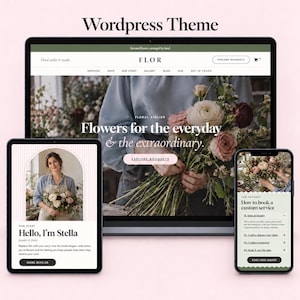 May include: A WordPress theme display featuring a website for a floral atelier named FLOR. The layout shows a desktop monitor, a tablet, and a smartphone, each displaying web pages with floral imagery, text, and navigation menus.