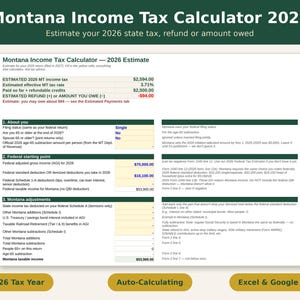 Peut inclure: Une interface de feuille de calcul Montana Income Tax Calculator 2026. Le document présente des sections pour About You, Federal starting point et Montana adjustments avec des champs de saisie pour les revenus et les déductions.