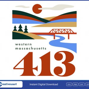 May include: A graphic illustration featuring a landscape with rolling hills, a river, a bridge, and pine trees under a red sun. The text reads western massachusetts and the large numbers 413 in a bold red font, set against a white background.