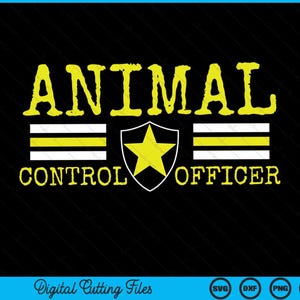 Może przedstawiać: Projekt graficzny z żółtym napisem ANIMAL CONTROL OFFICER, centralnie umieszczoną żółtą gwiazdą w konturze tarczy, otoczony dwoma zestawami trzech poziomych białych pasów z cienką żółtą linią pośrodku na czarnym tle.