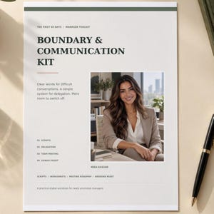 Puede incluir: Un libro de trabajo digital titulado Boundary & Communication Kit para gerentes. La página presenta el texto The First 90 Days, Manager Toolkit y enumera secciones para guiones, delegación, reuniones de equipo y un reinicio dominical.