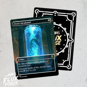 May include: A rectangular trading card titled Urza's Incubator featuring a glowing blue cylindrical tank with a creature inside. The card text reads: As this artifact enters, choose a creature type. Creature spells of the chosen type cost 2 less to cast.