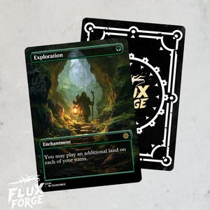 May include: A rectangular trading card titled Exploration featuring a fantasy illustration of a figure holding a lantern in a cave, with the text You may play an additional land on each of your turns. Behind it is a black card back with a white gear logo.