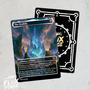May include: A trading card titled The Ozolith featuring a glowing blue crystal formation in a rocky landscape under a sunset sky. The card text describes it as a Legendary Artifact. Behind it is a black card back with a white gear-like border design.