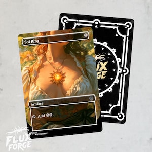 May include: A collectible trading card titled Sol Ring featuring an illustration of a person wearing a sun-shaped pendant necklace. The card displays the text Sol Ring, Artifact, and the ability symbol to add two colorless mana, with Flux Forge branding.