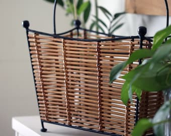 Vintage MCM Magazine Rack Bamboo Reed and Wrought Iron