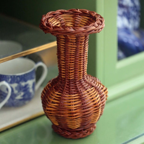 1980s Vintage Boho Braided Wicker Vase