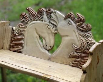 1990s Vintage Rustic Southwestern Carved Horses Head Bench