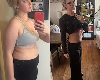 May include: Before and after photos of a person showing their weight loss journey. The person is wearing black pants and a sports bra in both photos. The person is smiling in the after photo.