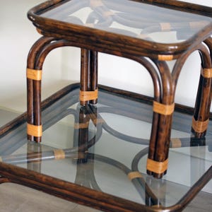 Set of 2 Vintage Ming Style Rattan Bamboo Side Table and Coffee Table, Glass Top Table