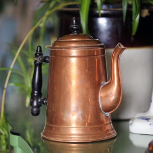 May include: A copper-colored tea kettle with a black handle and a spout. The kettle has a lid with a black knob. The kettle is sitting on a reflective surface. The background includes plants and a decorative ceramic item.