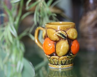Vintage 1960s Mugs Set Yellow Orange Fruit Basket Mugs Inarco