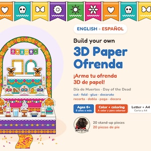 Könnte beinhalten: Ein DIY 3D-Papier-Ofrenda-Set mit einer farbenfrohen, mehrstufigen Altarillustration mit Ringelblumen, Zuckerschädeln und Kerzen. Der Text lautet Build your own 3D Paper Ofrenda, ¡Arma tu ofrenda 3D de papel!, Día de Muertos und 20 Standteile.