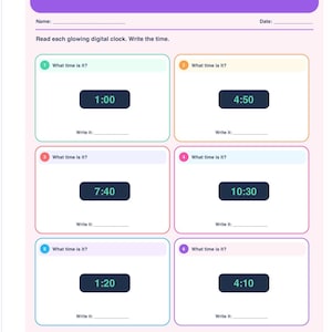 May include: A worksheet titled Digital Time Pop! Set 3 Digital Clocks Level 1. It features six numbered boxes, each containing a black digital clock display showing different times, with blank lines for students to write the answers.