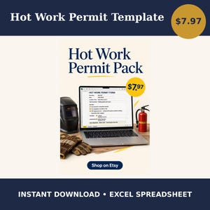 Modelo de Permissão para Trabalho a Quente em Excel | Formulário de Permissão para Soldagem | Registro de Vigilância de Incêndio | Lista de Verificação de 10,7 metros | Segurança na Construção | Download Digital