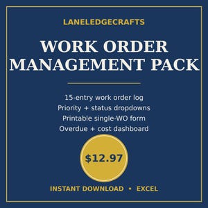 以下が含まれることがあります： LANELEDGECRAFTS WORK ORDER MANAGEMENT PACKというタイトルの濃紺のデジタルドキュメント。15件の作業指示ログ、優先順位とステータスのドロップダウン、印刷可能な単一作業指示フォーム、期限超過とコストのダッシュボードなどの機能が記載されています。