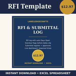 May include: A digital RFI and submittal log template for Excel featuring a dark blue square frame with gold borders. The text reads RFI Template, LANELEDGECRAFTS, RFI & SUBMITTAL LOG, and details regarding auto days open, overdue flags, and live dashboard.