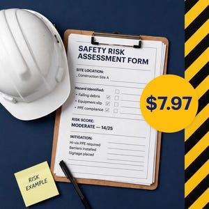 Puede incluir: Un casco de seguridad blanco, un portapapeles con un formulario de evaluación de riesgos, un bolígrafo negro y una nota adhesiva amarilla con la etiqueta Risk Example. El formulario incluye texto sobre evaluación de riesgos y medidas.