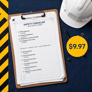 May include: A white hard hat and a brown clipboard holding a printed safety checklist site safety form with checkboxes marked complete. The document includes fields for date, inspector, and location. A black pen rests near the clipboard.