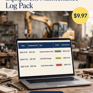 Pode incluir: Uma tela de laptop exibe uma tabela Equipment Maintenance Log Pack com colunas para Date, Equipment ID, Task, Status e Next Service. As linhas mostram entradas para Hydraulic System Check, Oil & Filter Change e Track Tension Adjust.