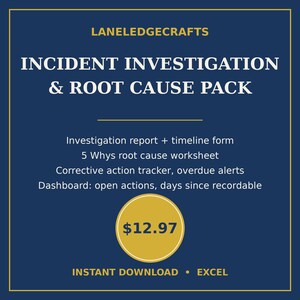 May include: A dark blue digital document pack titled LANELEDGECRAFTS INCIDENT INVESTIGATION & ROOT CAUSE PACK. It includes an investigation report, timeline form, 5 Whys worksheet, corrective action tracker, overdue alerts, and a dashboard for open actions.