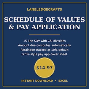 Schedule of Values Excel | G702 Style Pay Application Template | Construction Billing Tracker