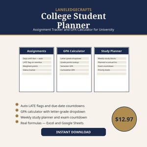 Planificateur étudiant Excel | Suivi des devoirs, calcul de la moyenne et planification des études pour l'université