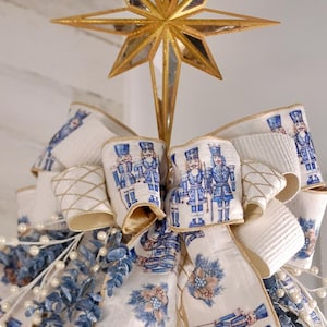 Luxury Velvet and Tweed Nutcracker Christmas Tree Topper: Blue White Decor, Mirrored Bethlehem Star