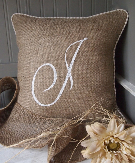 Items similar to Custom hand painted Monogram, burlap pillow cover with