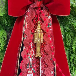 Dark Red Gold Nutcracker Plaid Ribbon Bundle Bow: Christmas Wreath, Door Decor