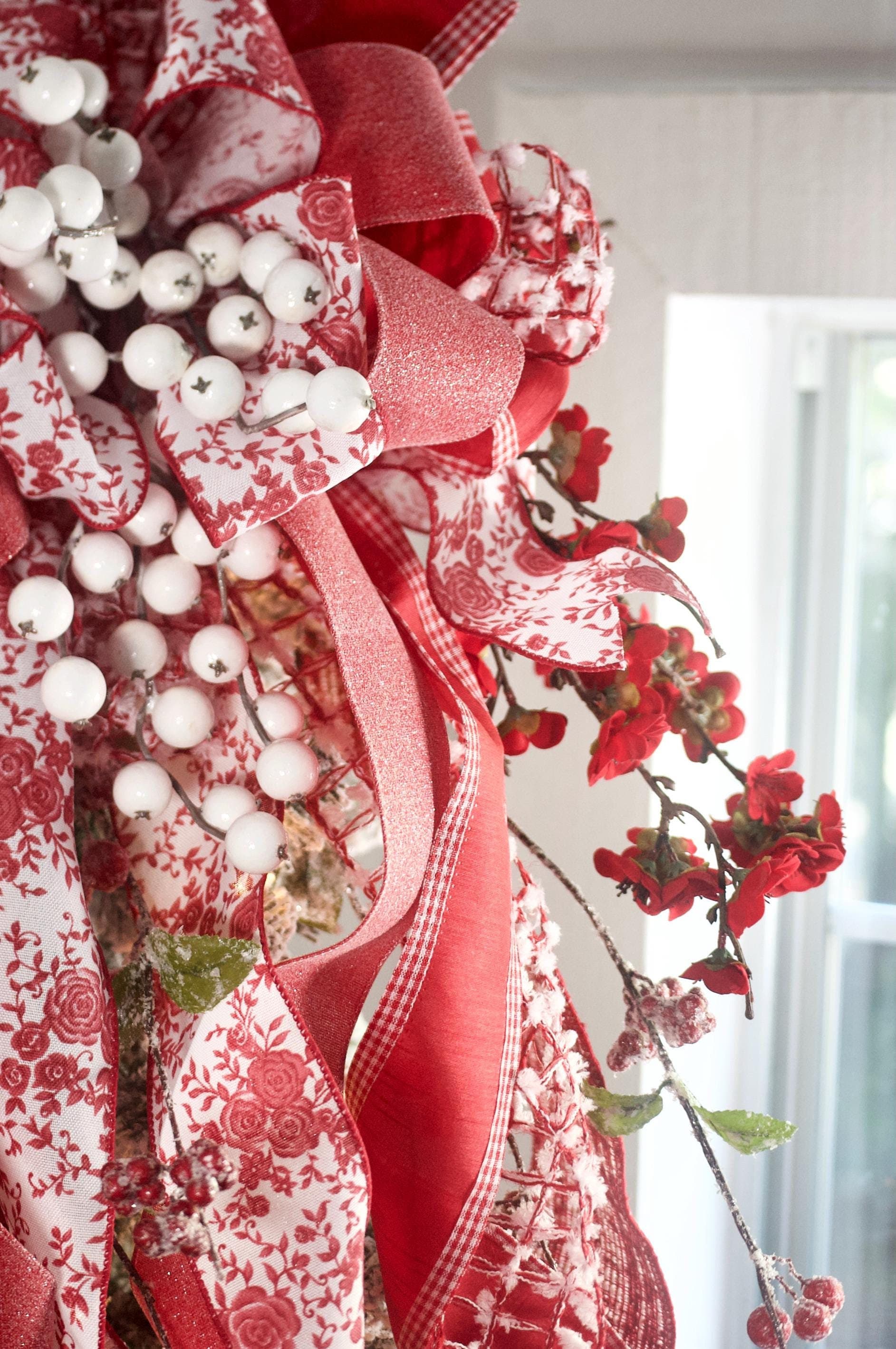 Red Chinoiserie Christmas Tree Topper, Velvet Cherry Blossom