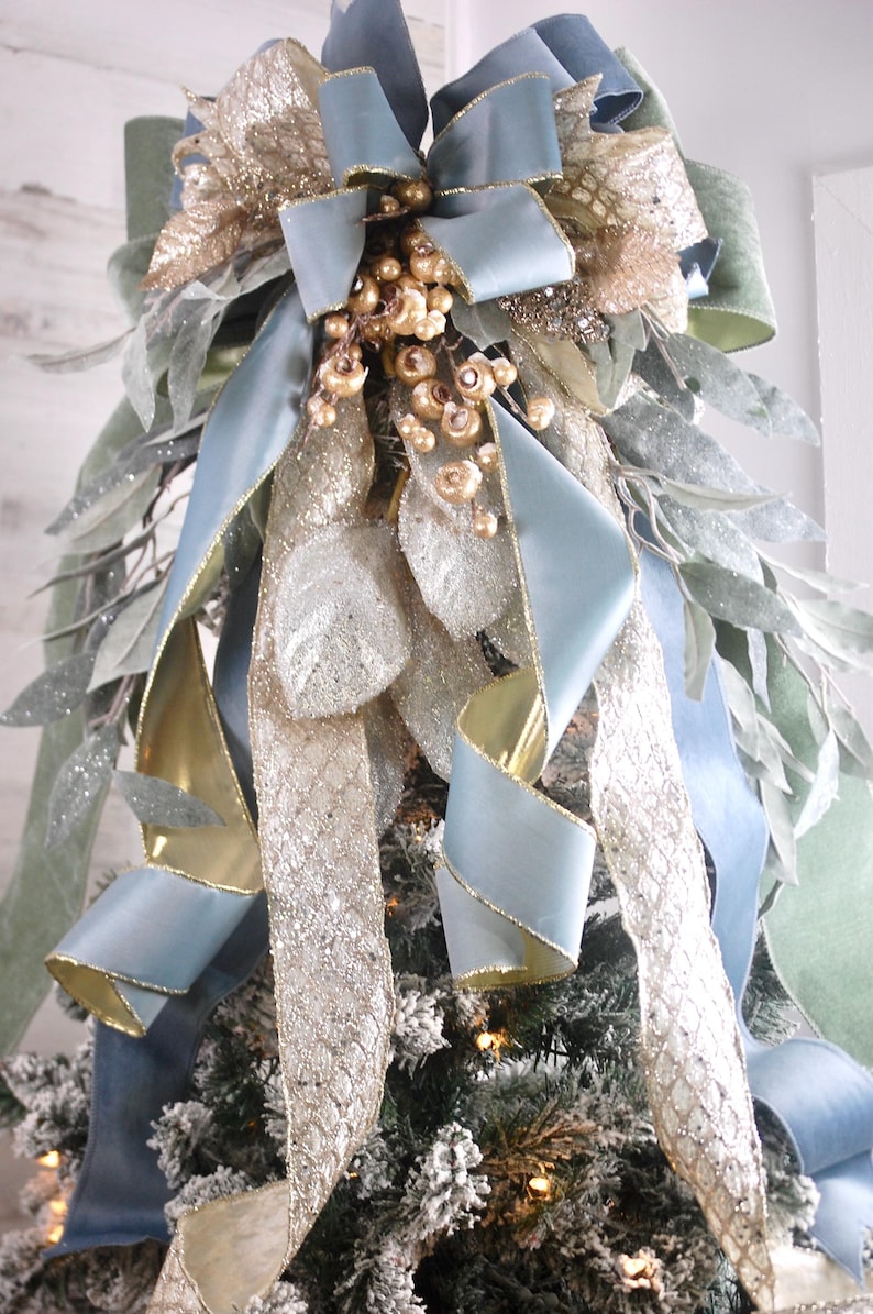 Dusty Blue and Sage Velvet Christmas Tree Topper Bow: Champagne Gold ...