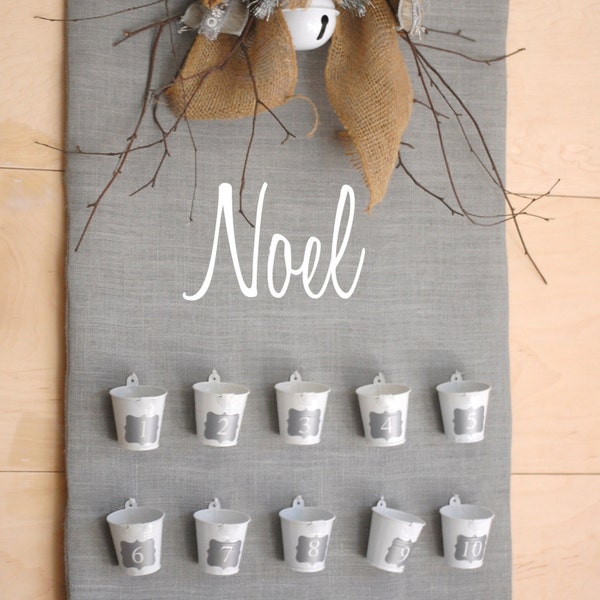 Burlap, Advent,Calendar,ONLY ONE In Stock,personalized, Natural, grey, with burlap silk beaded bow,