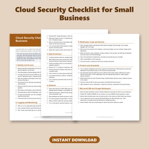 May include: A multi-page document titled Cloud Security Checklist for Small Business, featuring sections on Identity and Access, Logging and Monitoring, Data Protection, Network, Workloads, Code and Secrets, Posture and Guardrails, and Microsoft 365.