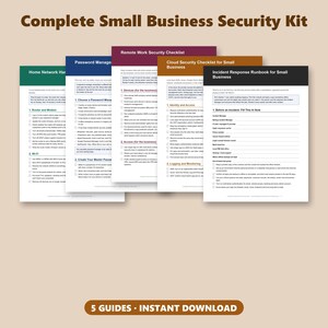 May include: A Complete Small Business Security Kit featuring five printed guides titled Home Network Hardening, Password Manager, Remote Work Security Checklist, Cloud Security Checklist for Small Business, and Incident Response Runbook for Small Business.