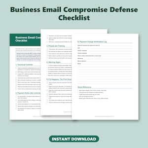 Peut inclure: Un document de liste de contrôle de défense contre la compromission des e-mails professionnels avec des en-têtes vert foncé et du texte noir. Les pages incluent des sections sur les contrôles techniques, les règles de paiement et la formation.