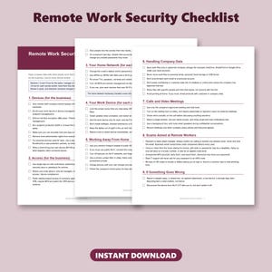 Pode incluir: Um documento de lista de verificação de segurança para trabalho remoto com várias páginas e nove seções numeradas. O texto descreve diretrizes para dispositivos, acesso, redes domésticas, equipamentos de trabalho, dados e reuniões.