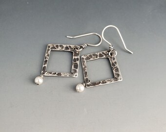 Sterling Silver Hammered Squares, Swarovski Crystal Pearl Earrings, Oxidized Rustic Silver Earrings