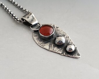 Handmade Red Agate Necklace, Teardrop Necklace, Oxidized Rustic Stamped Necklace