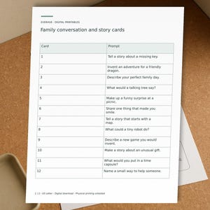 May include: A white sheet of paper titled Family conversation and story cards by Everhue Digital Printables. The document features a table with twelve numbered rows containing creative writing prompts such as a missing key and a friendly dragon.