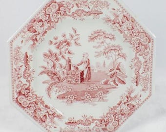 Spode Archive Sutherland Collection Rosa Åttkantig Tallrik Flicka Vid Brunn S3431-A4