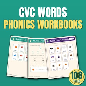 Może przedstawiać: Trzy edukacyjne zeszyty ćwiczeń z fonetyki CVC z ilustracjami i zadaniami. Tekst głosi CVC WORDS PHONICS WORKBOOKS oraz 108 PAGES. Strony zawierają sekcje zatytułowane Short A Family, Fill, Find & Read oraz Spooky CVC Words Family.