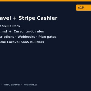 May include: A dark blue digital product graphic titled Laravel + Stripe Cashier Agent Skills Pack. It lists features including SKILL.md, Cursor .mdc rules, Subscriptions, Webhooks, and Plan gates for indie Laravel SaaS builders, with BahuCo branding.