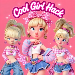 Può includere: Tre bambole bionde stilizzate con occhi azzurri su sfondo rosa con il testo Cool Girl Hack. Indossano top a righe o a quadri rosa e blu, pantaloncini o pantaloni di jeans e accessori tra cui orecchini con stampa leopardata.