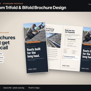 May include: A trifold brochure design for a roofing company named Summit Ridge. The layout features dark blue and cream panels with text including "Roofs built for the long haul," "Book your free roof inspection," and images of a roofer on a roof.