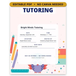 Op de afbeelding: Een bewerkbare PDF-bijlesflyer met de tekst TUTORING, Bright Minds Tutoring en details voor datum, tijd, locatie en gastheer. Het ontwerp bevat kleurrijke potloden, een liniaal en een paarse uil-afbeelding op een lichtroze achtergrond.