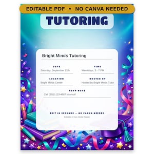 Op de afbeelding: Een digitale flyer voor Bright Minds Tutoring met een blauwe en paarse achtergrond vol confetti, sterren, linten, boeken, potloden en een afstudeerhoed. De tekst bevat details over datum, tijd, locatie en contactgegevens.