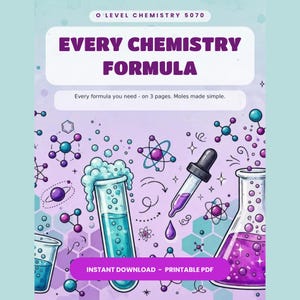 Puede incluir: Una guía de estudio digital titulada O Level Chemistry 5070 Every Chemistry Formula. El gráfico presenta un tubo de ensayo con líquido azul burbujeante, un gotero y un matraz con líquido morado, rodeados de varios diagramas moleculares.